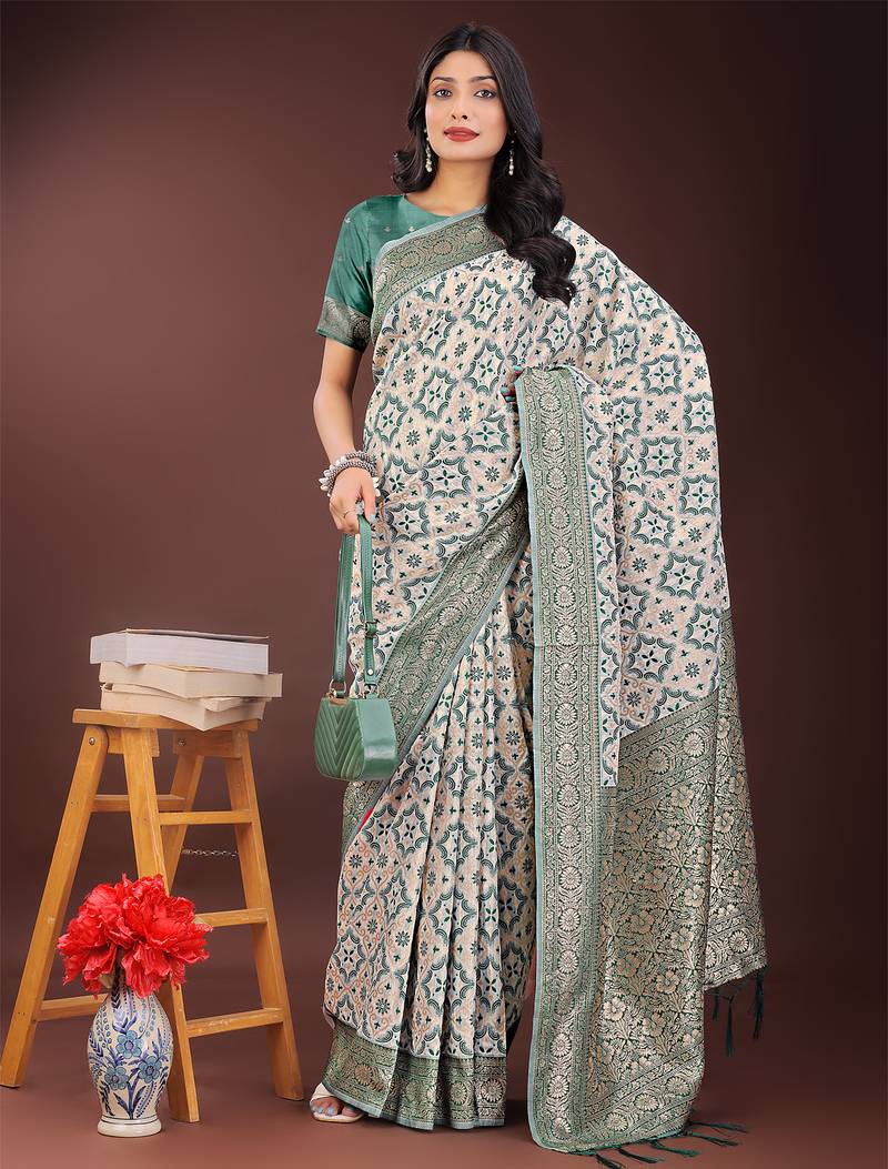 green color woven work linen cotton saree