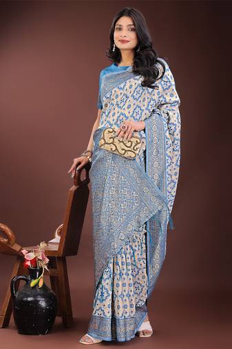 sky blue color woven work linen cotton saree