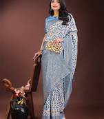 sky blue color woven work linen cotton saree