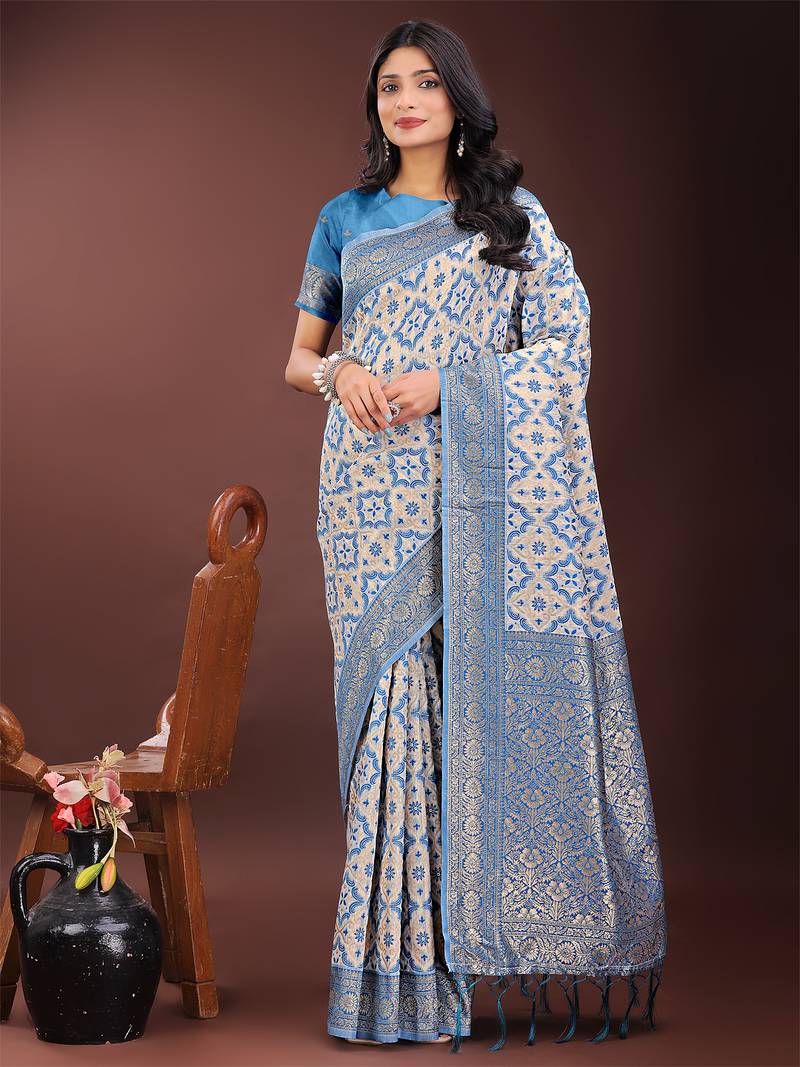 sky blue color woven work linen cotton saree