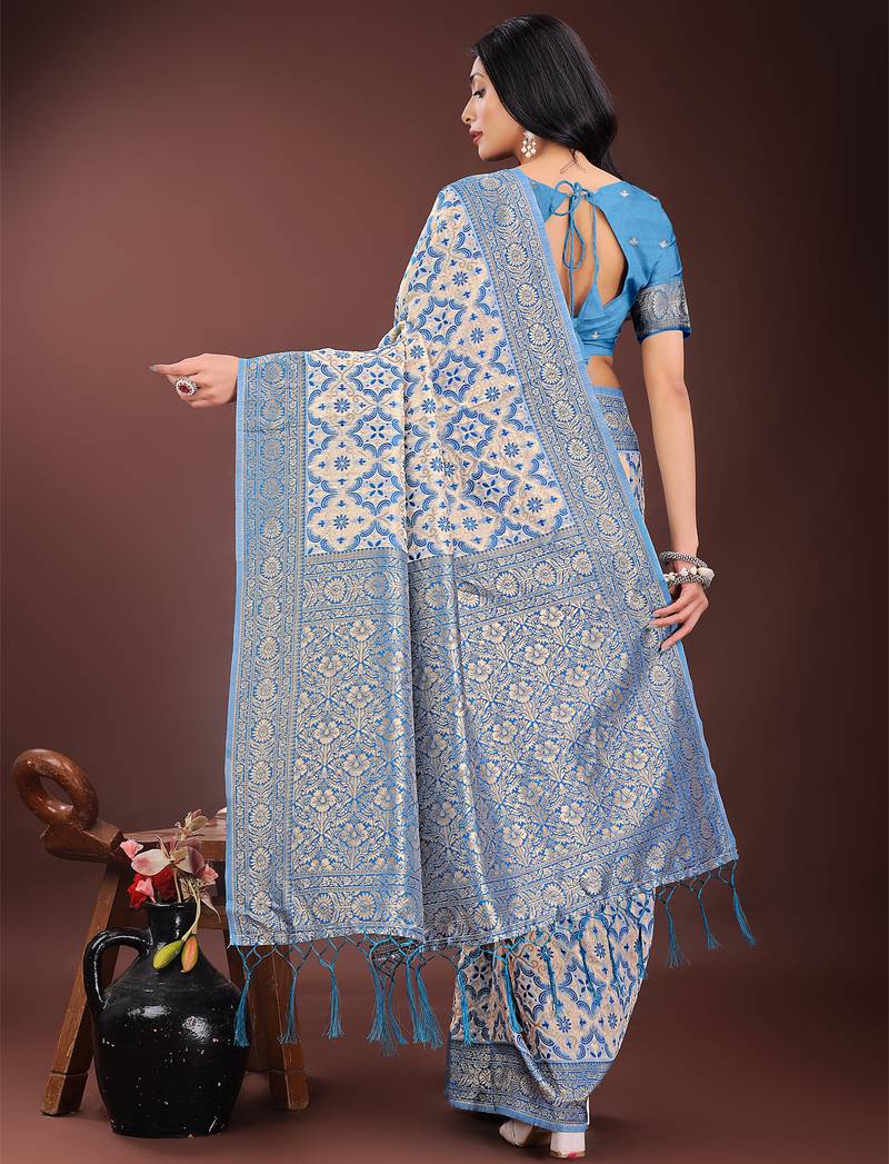 sky blue color woven work linen cotton saree