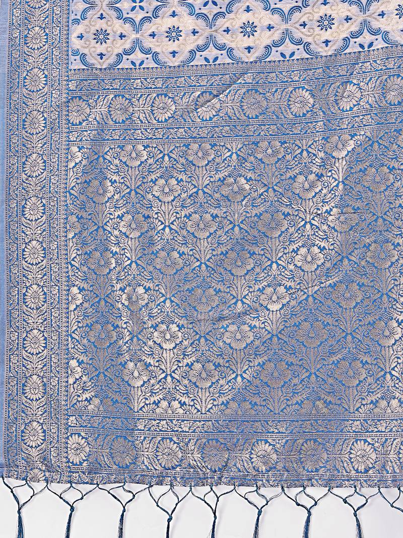 sky blue color woven work linen cotton saree