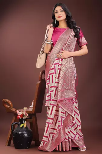 magenta color woven work linen cotton saree