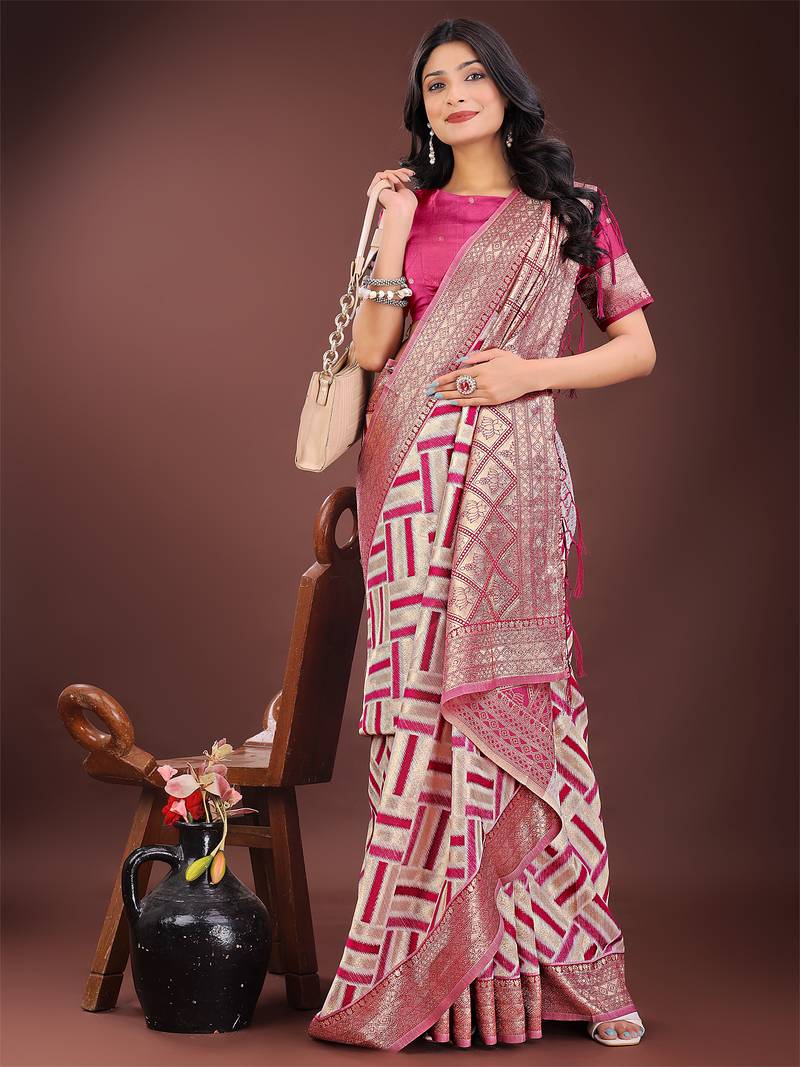 magenta color woven work linen cotton saree