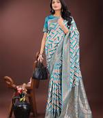 Blue color woven work linen cotton saree