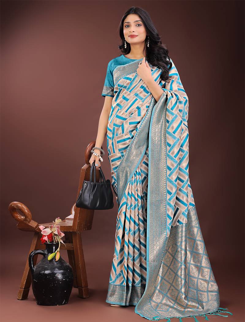 Blue color woven work linen cotton saree