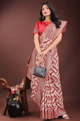 red color woven work linen cotton saree
