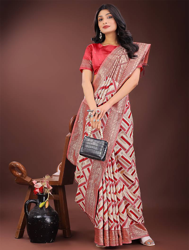 red color woven work linen cotton saree