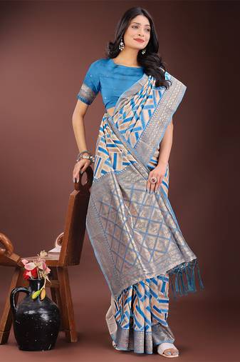 sky blue color woven work linen cotton saree