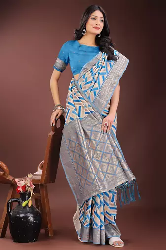 sky blue color woven work linen cotton saree