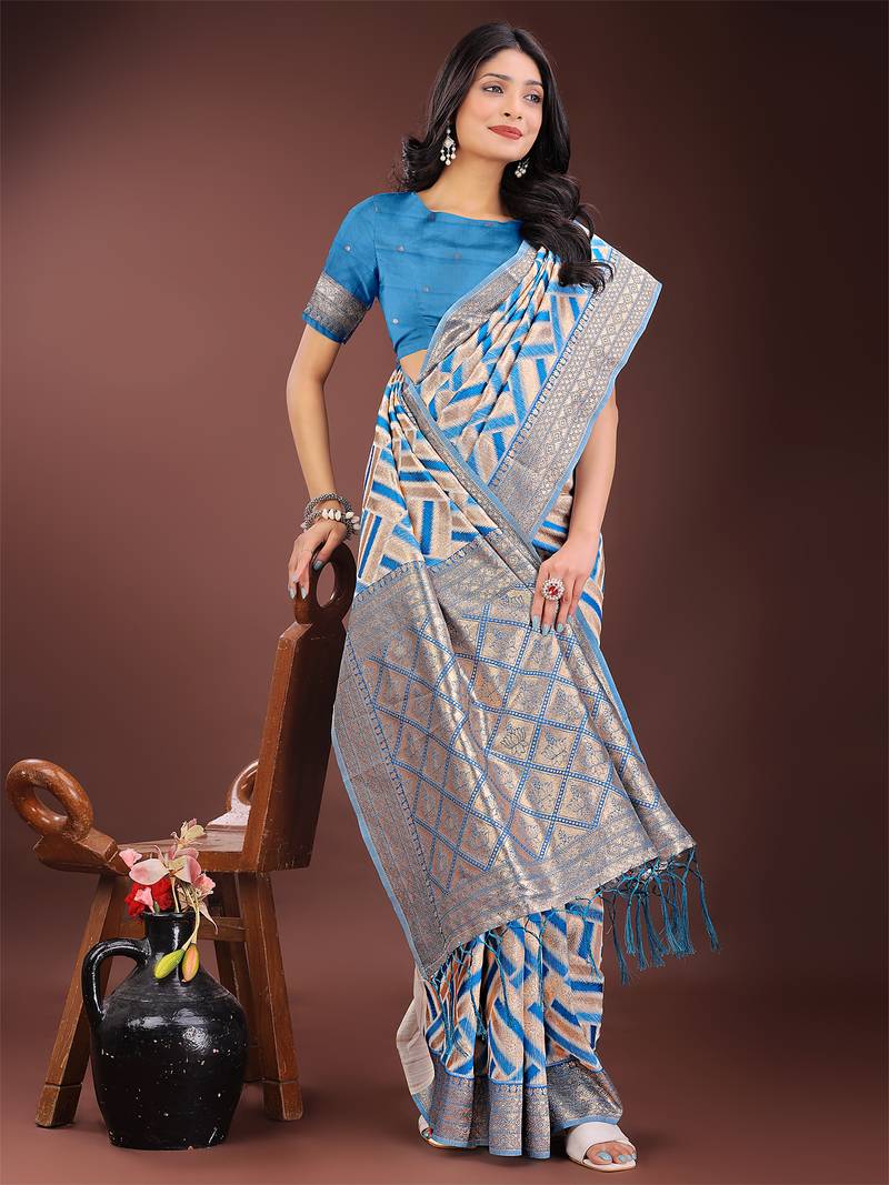 sky blue color woven work linen cotton saree