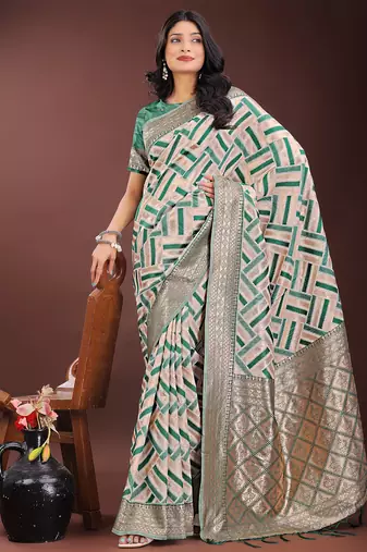 green color woven work linen cotton saree