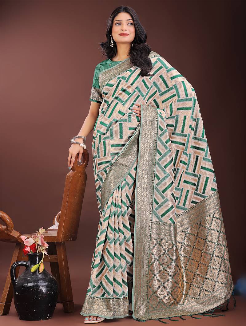 green color woven work linen cotton saree