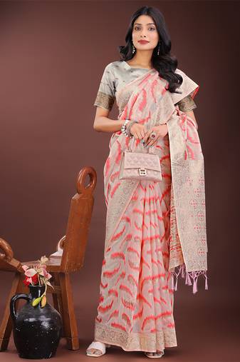 peach color woven work linen cotton saree
