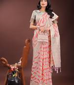 peach color woven work linen cotton saree