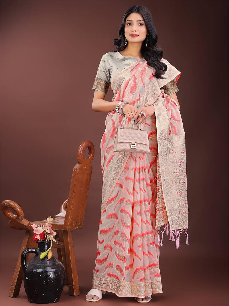 peach color woven work linen cotton saree