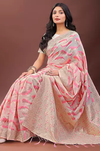 light pink color woven work linen cotton saree
