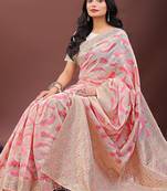 light pink color woven work linen cotton saree