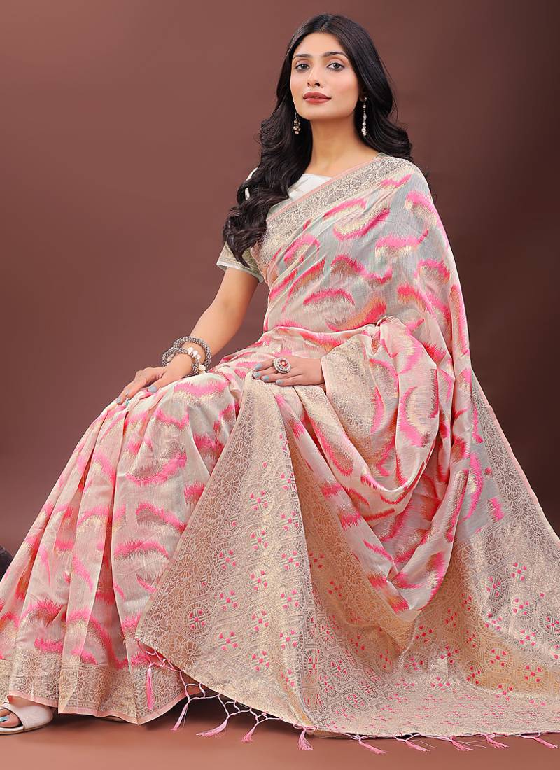 light pink color woven work linen cotton saree