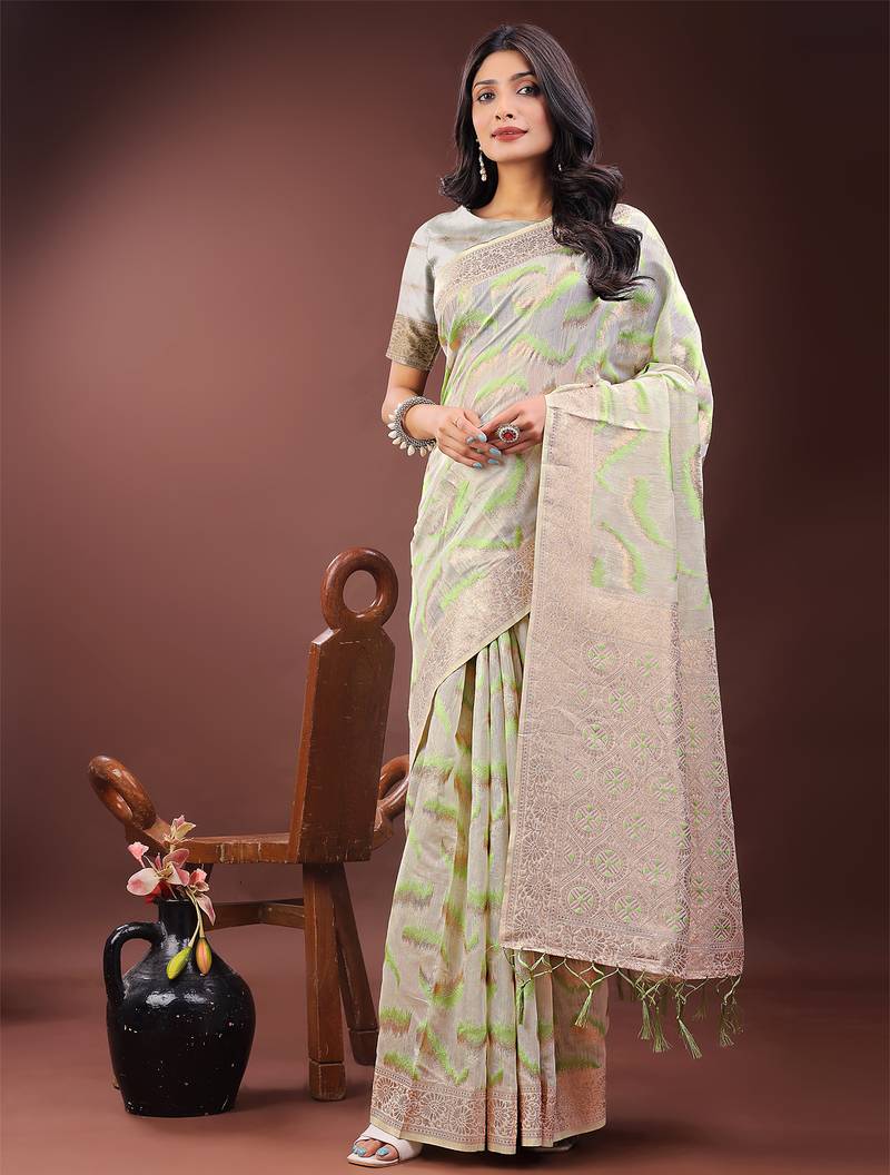 light green color woven work linen cotton saree