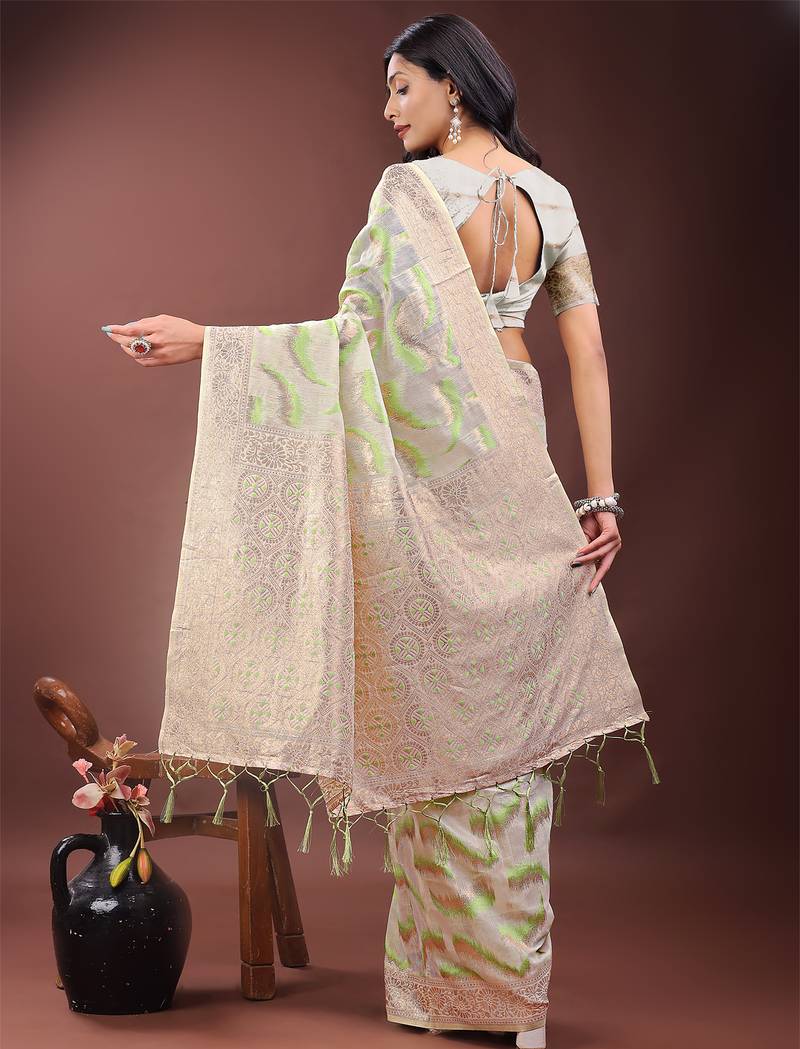light green color woven work linen cotton saree