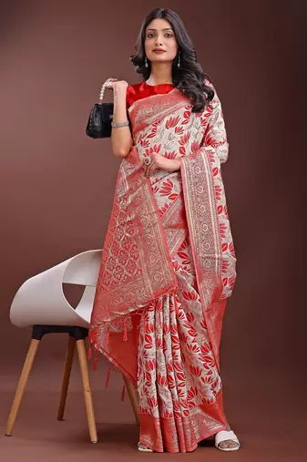 red color woven work linen cotton saree