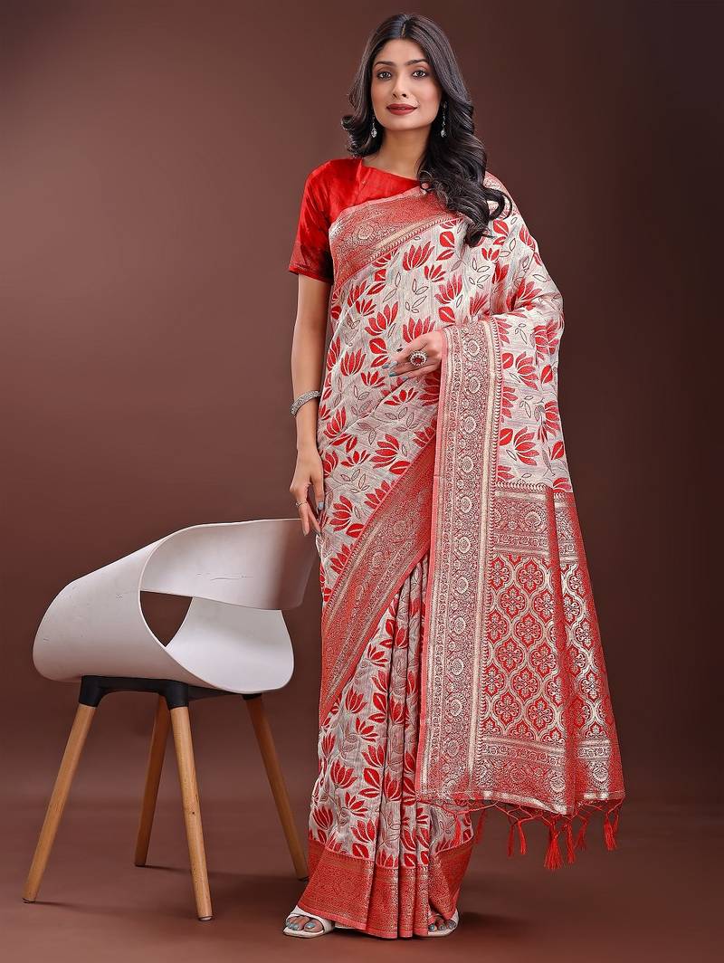 red color woven work linen cotton saree