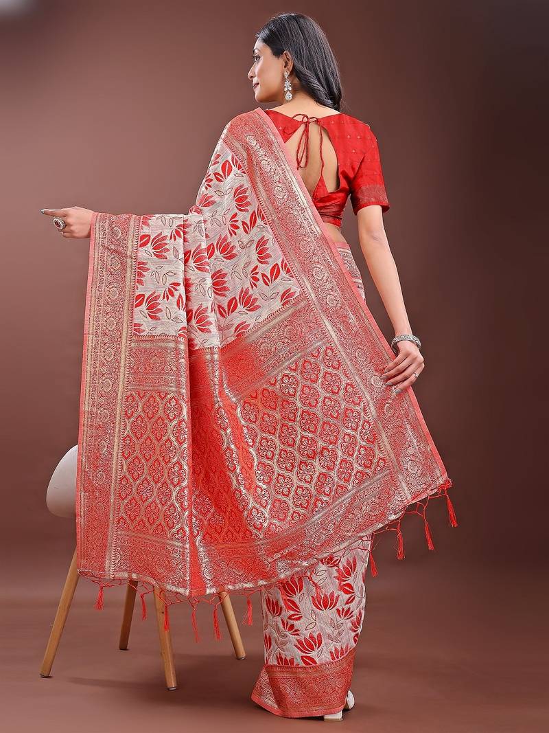 red color woven work linen cotton saree