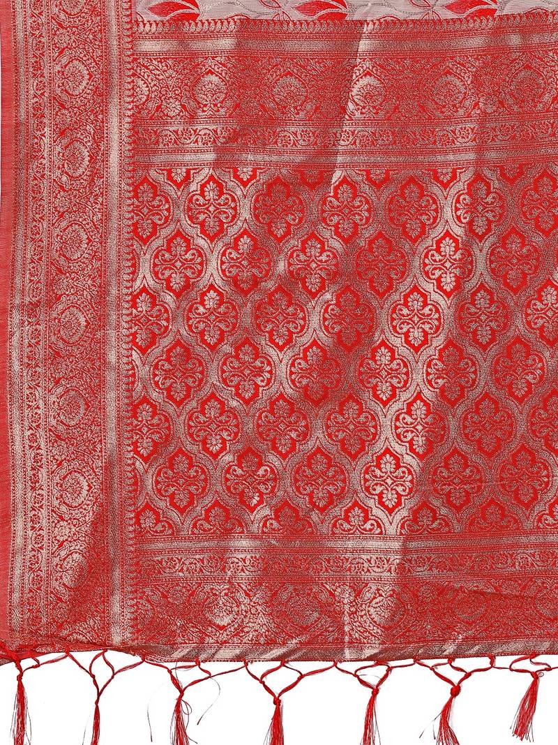 red color woven work linen cotton saree