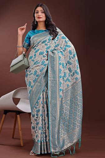 Blue color woven work linen cotton saree