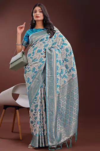 Blue color woven work linen cotton saree