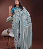Blue color woven work linen cotton saree