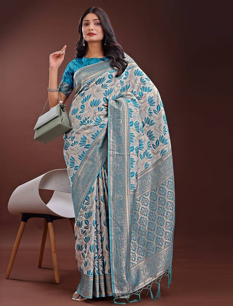 Blue color woven work linen cotton saree