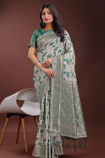 green color woven work linen cotton saree