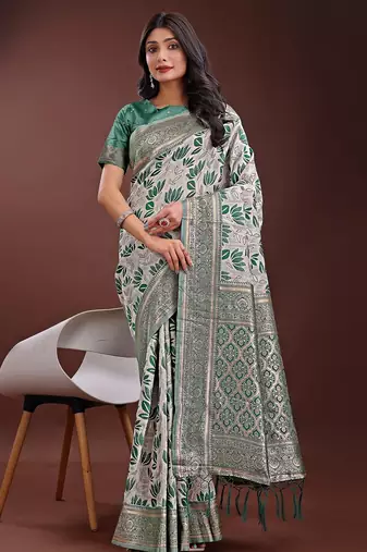green color woven work linen cotton saree