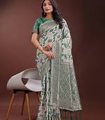 green color woven work linen cotton saree