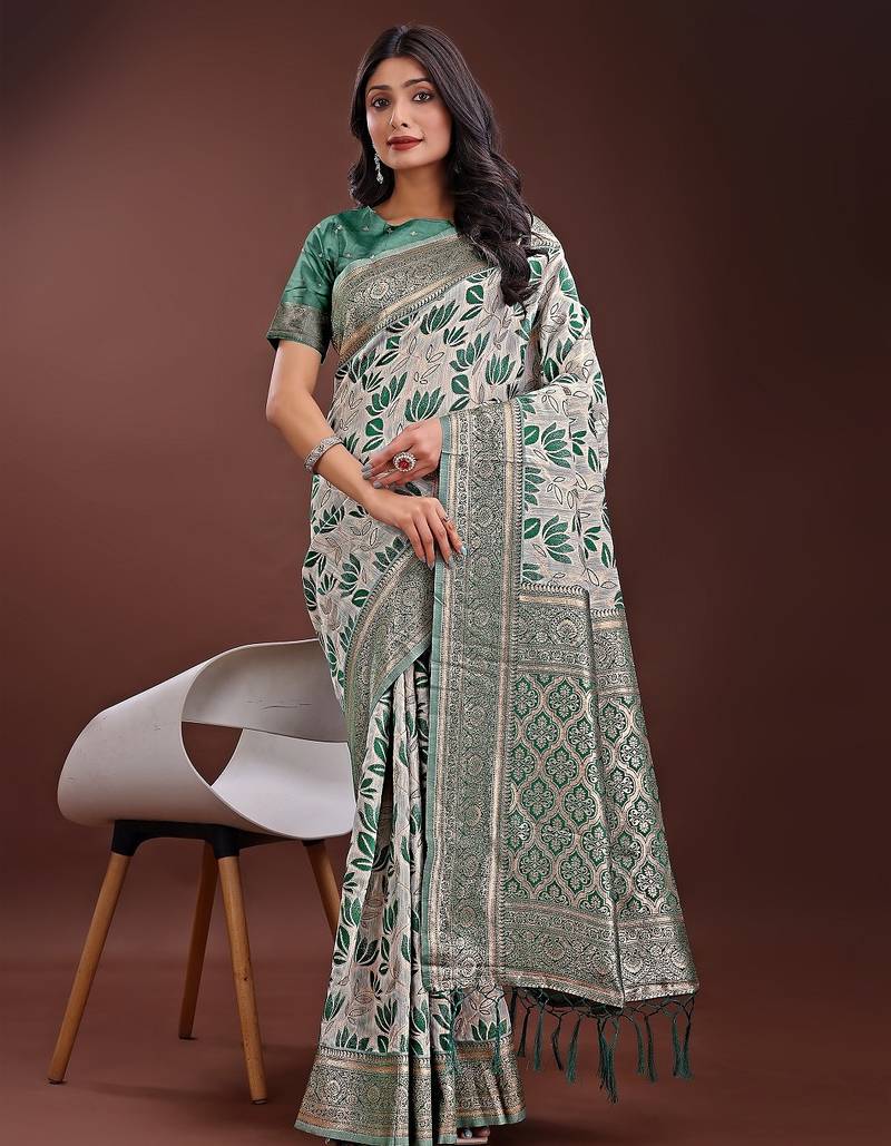 green color woven work linen cotton saree