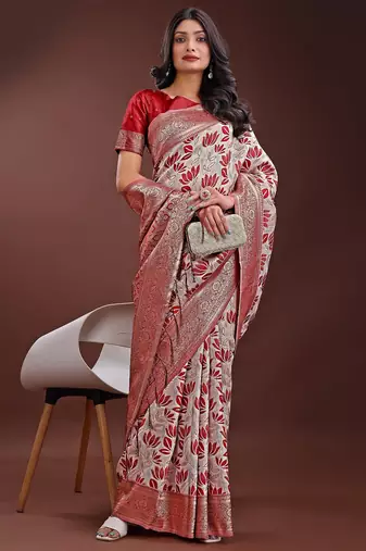 maroon color woven work linen cotton saree