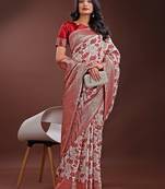 maroon color woven work linen cotton saree