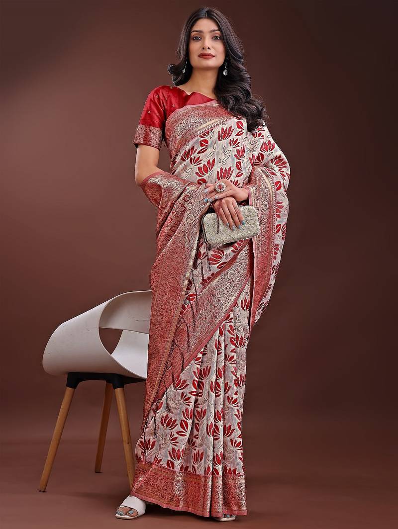 maroon color woven work linen cotton saree