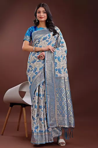 sky blue color woven work linen cotton saree