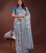 sky blue color woven work linen cotton saree