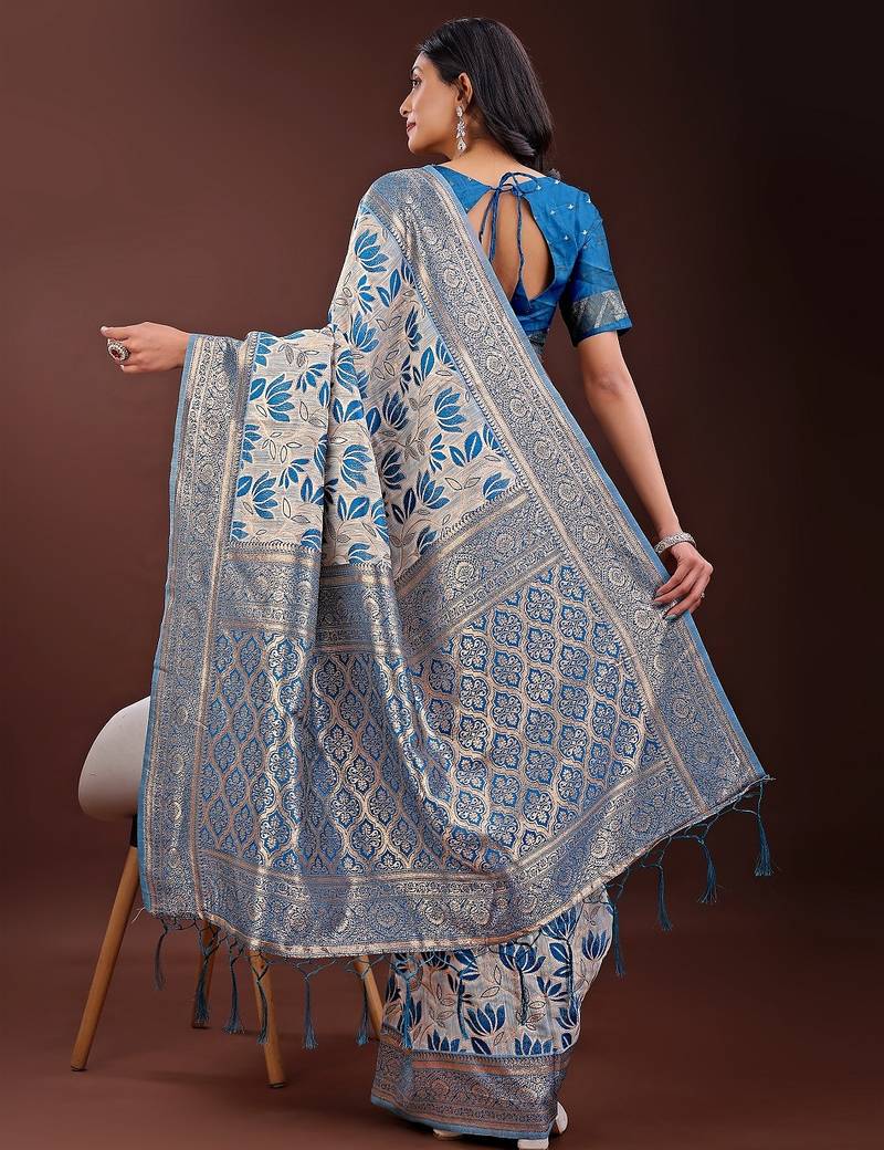 sky blue color woven work linen cotton saree