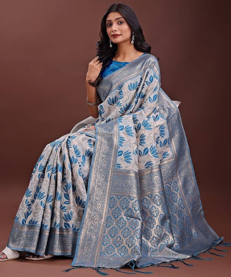 sky blue color woven work linen cotton saree