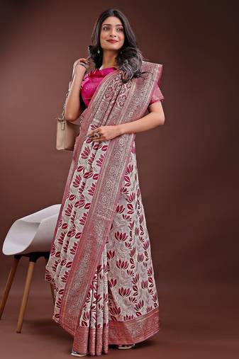 purple color woven work linen cotton saree