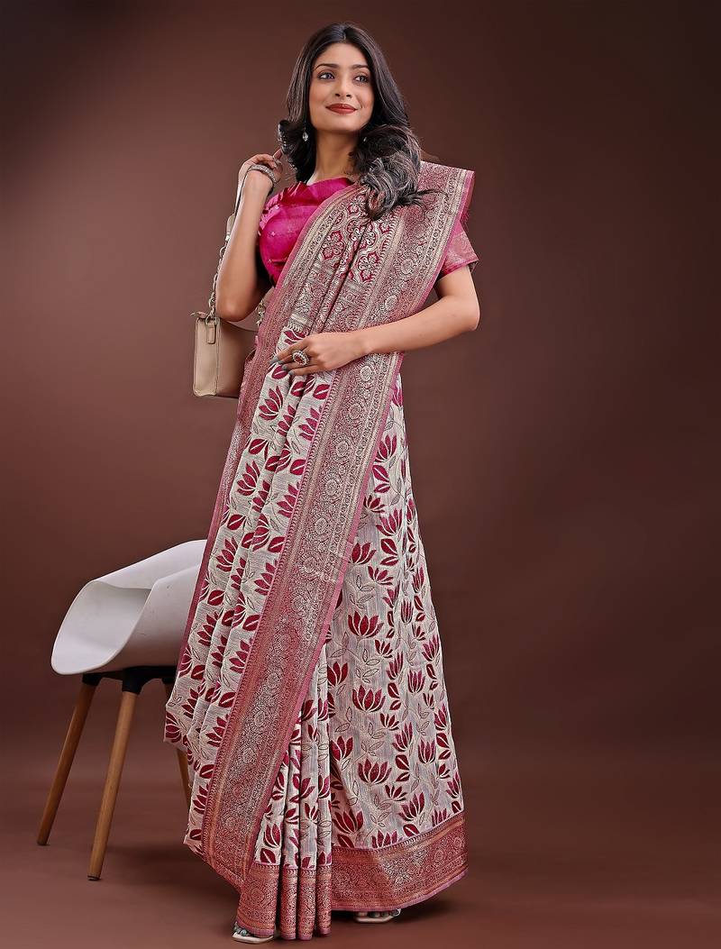 purple color woven work linen cotton saree