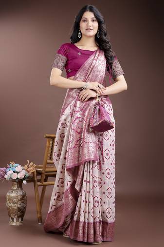 pink color woven work linen cotton saree