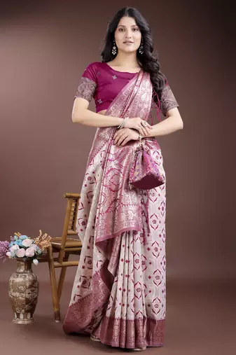 pink color woven work linen cotton saree