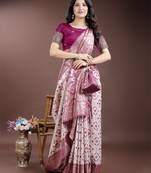 pink color woven work linen cotton saree