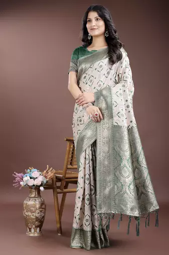 green color woven work linen cotton saree